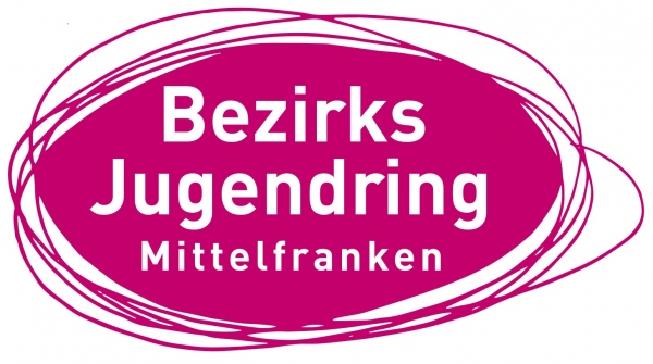 Logo des Bezirksjugendringsmittelfranken: Mehrere übereinanderliegende pinke Kringel. Ind der Mitte weiße Schrift.